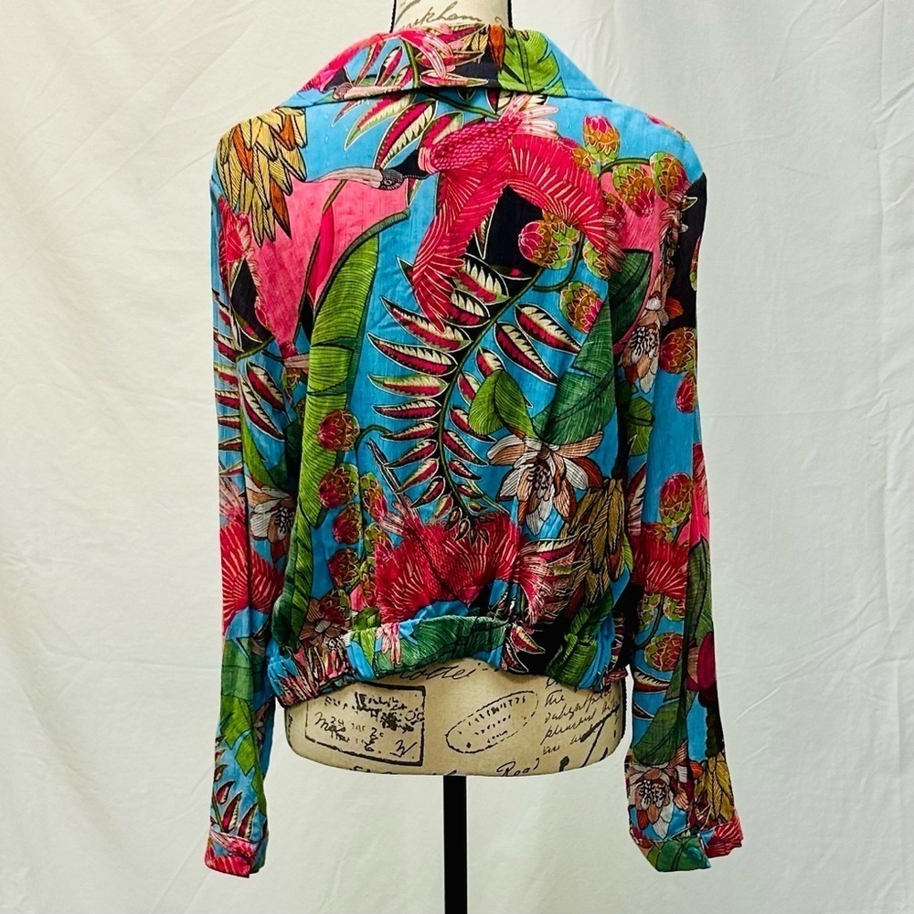Rachel Rachel Roy Tropical Floral Leaf Bird Print Wrap Top Long Sleeve Large - Picture 9 of 12